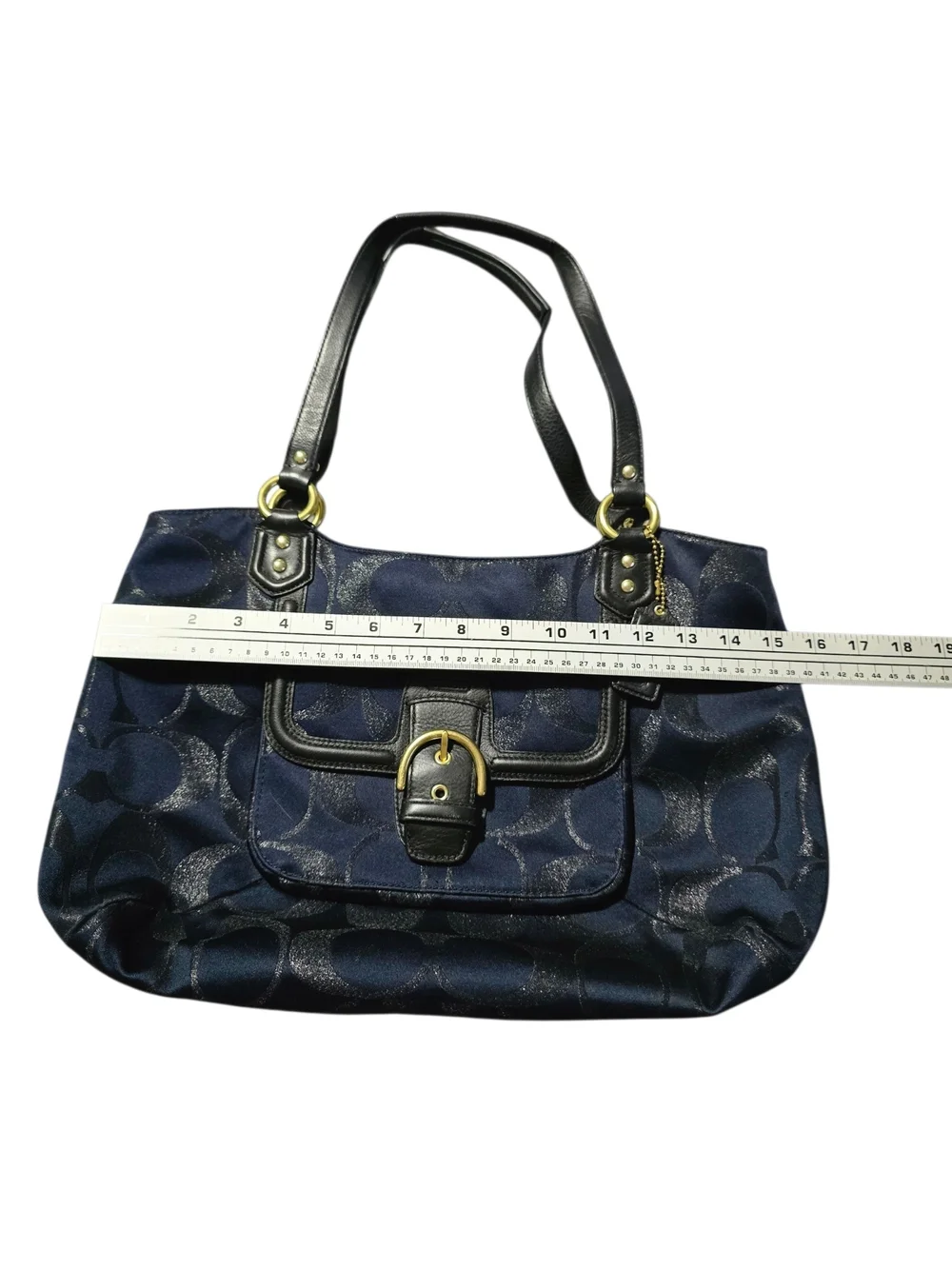 Coach Navy Metallic Canvas Signature Jacquard Tote with Black Leather Trim